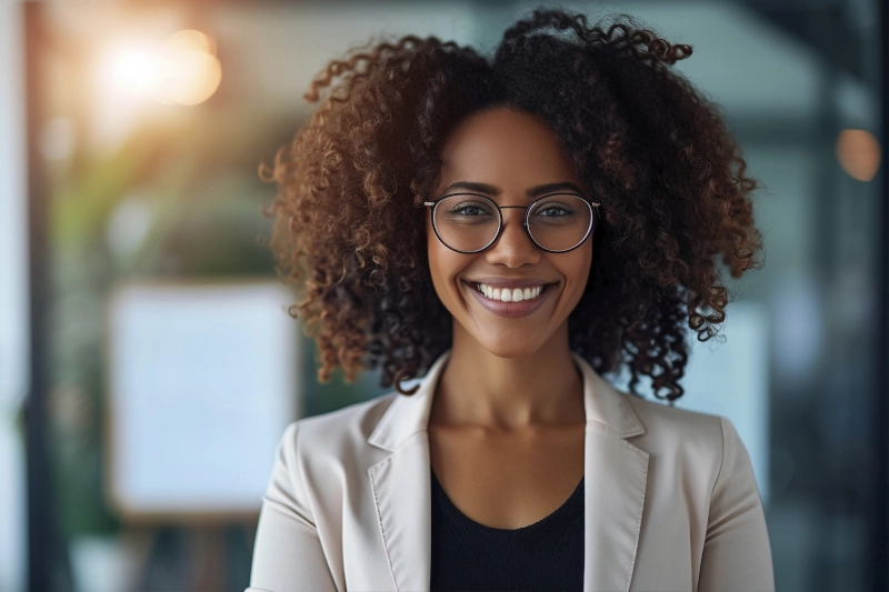 Mulher bonita, com uma expressão aliviada depois de começar a usar nossa solução